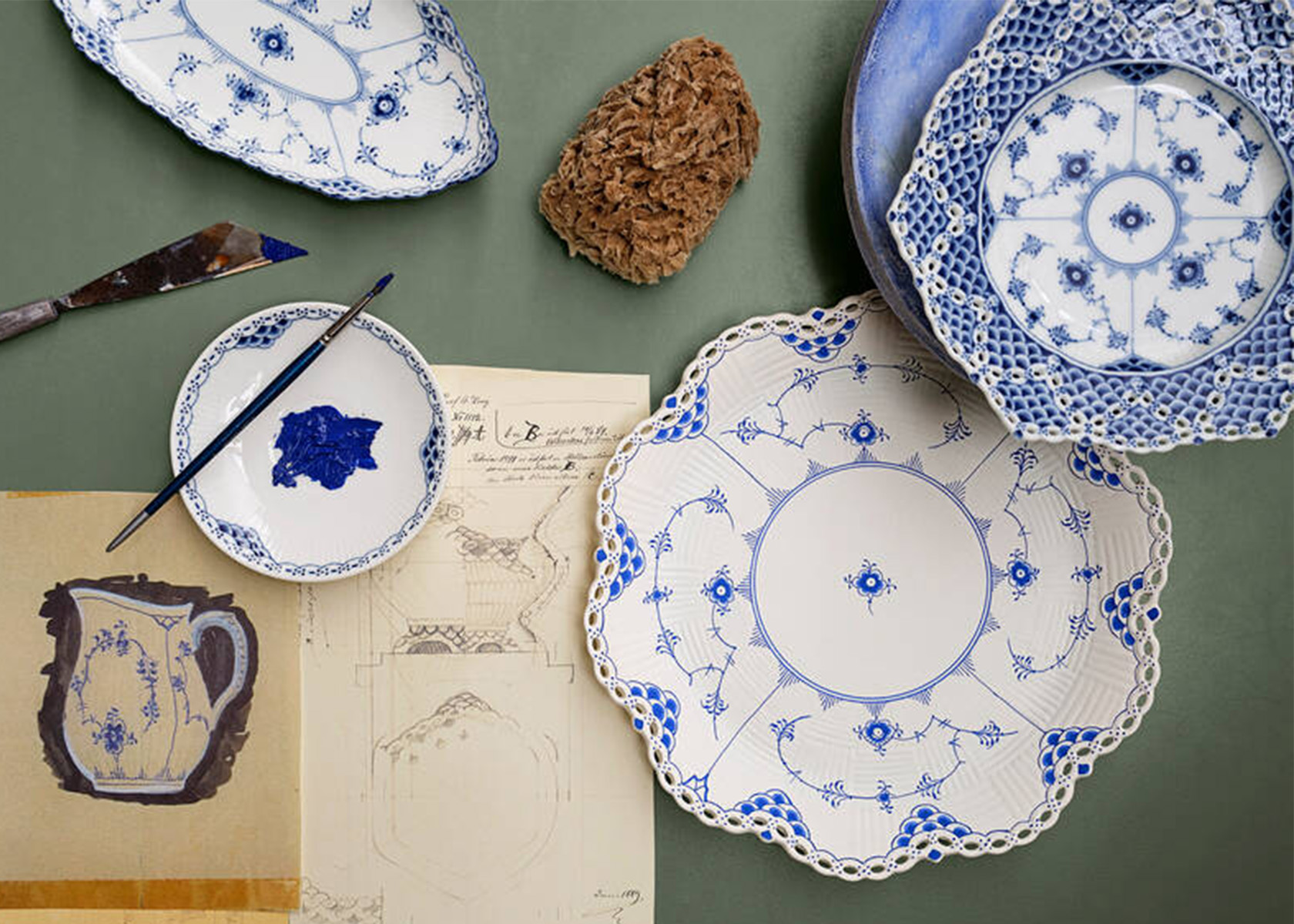 Delicate porcelain pieces from Royal Copenhagen and old sketches